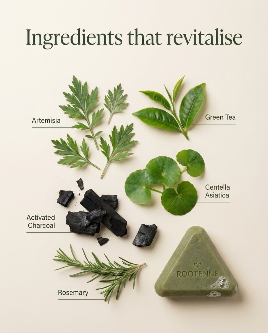 Revitalising ingredients: artemisia, green tea, centella asiatica, activated charcoal and rosemary