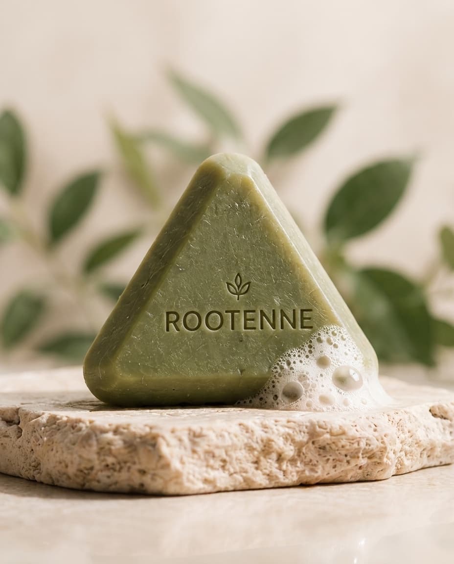 Jabón triangular verde ROOTENNE con espuma sobre piedra travertino