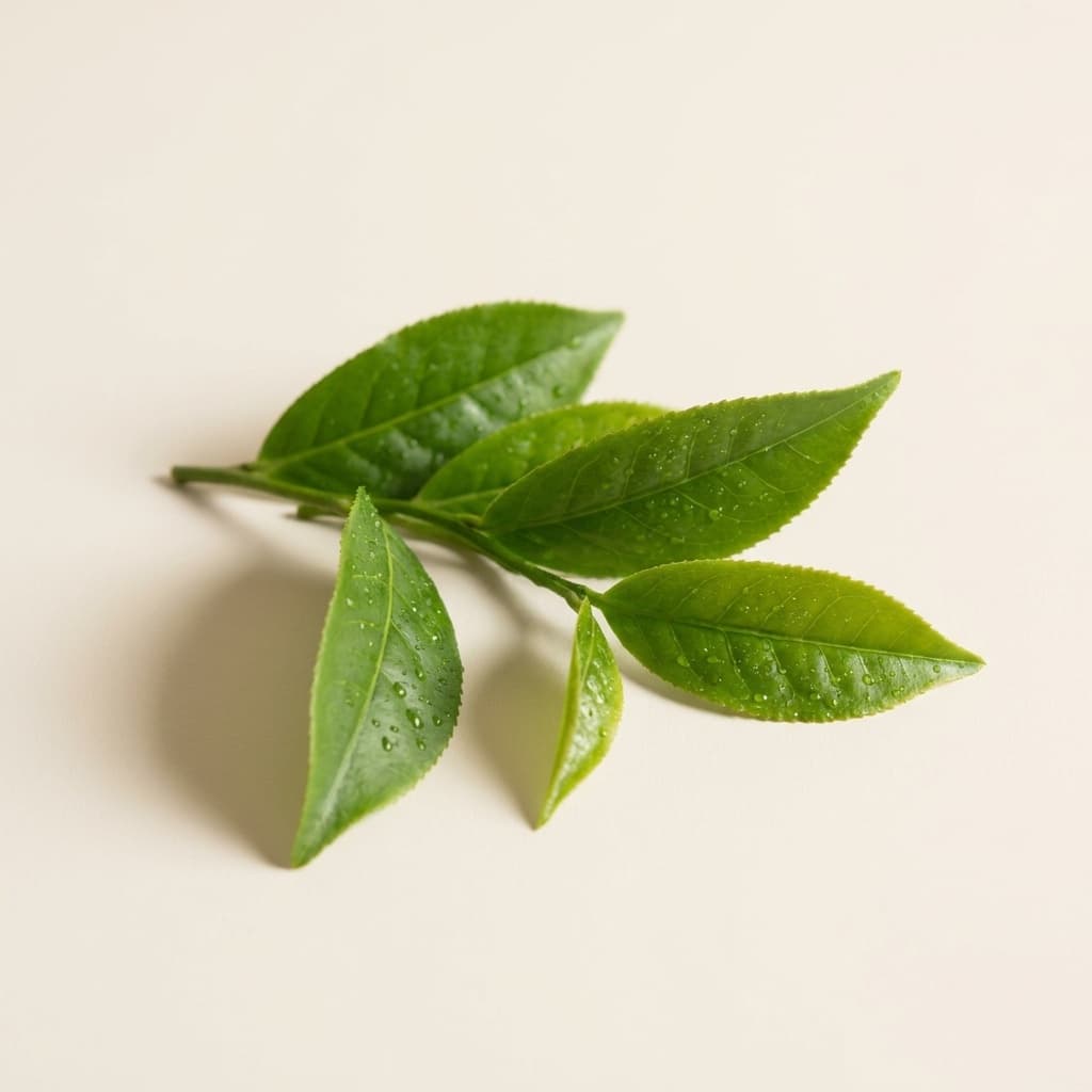 Hojas de té verde con gotas de agua